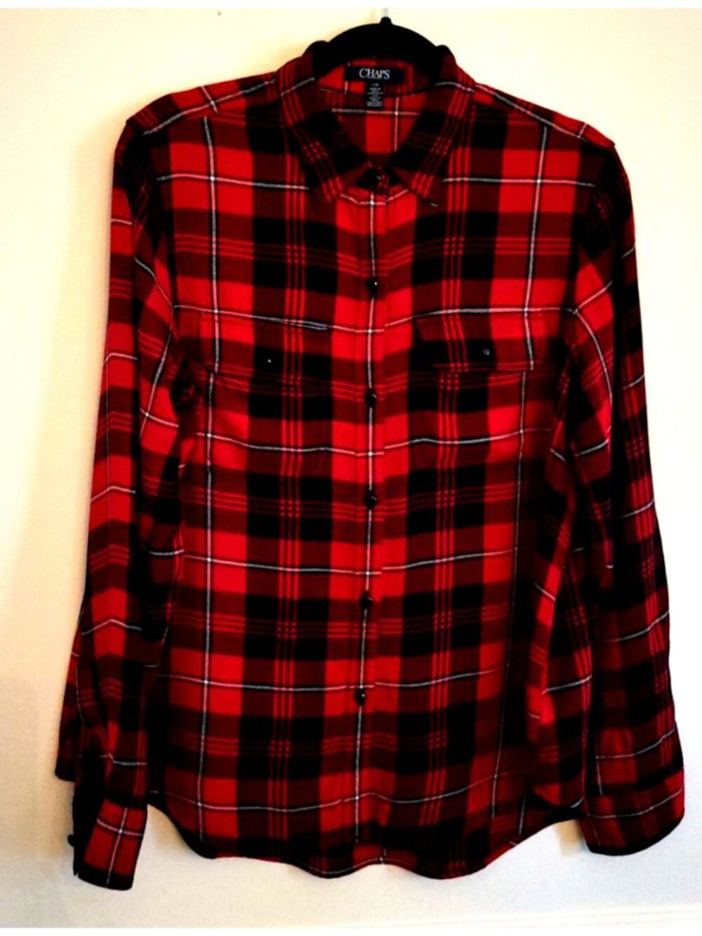 Chaps Red/Black Plaid Flannel Shirt L Button-Up Pockets Long Sleeve
